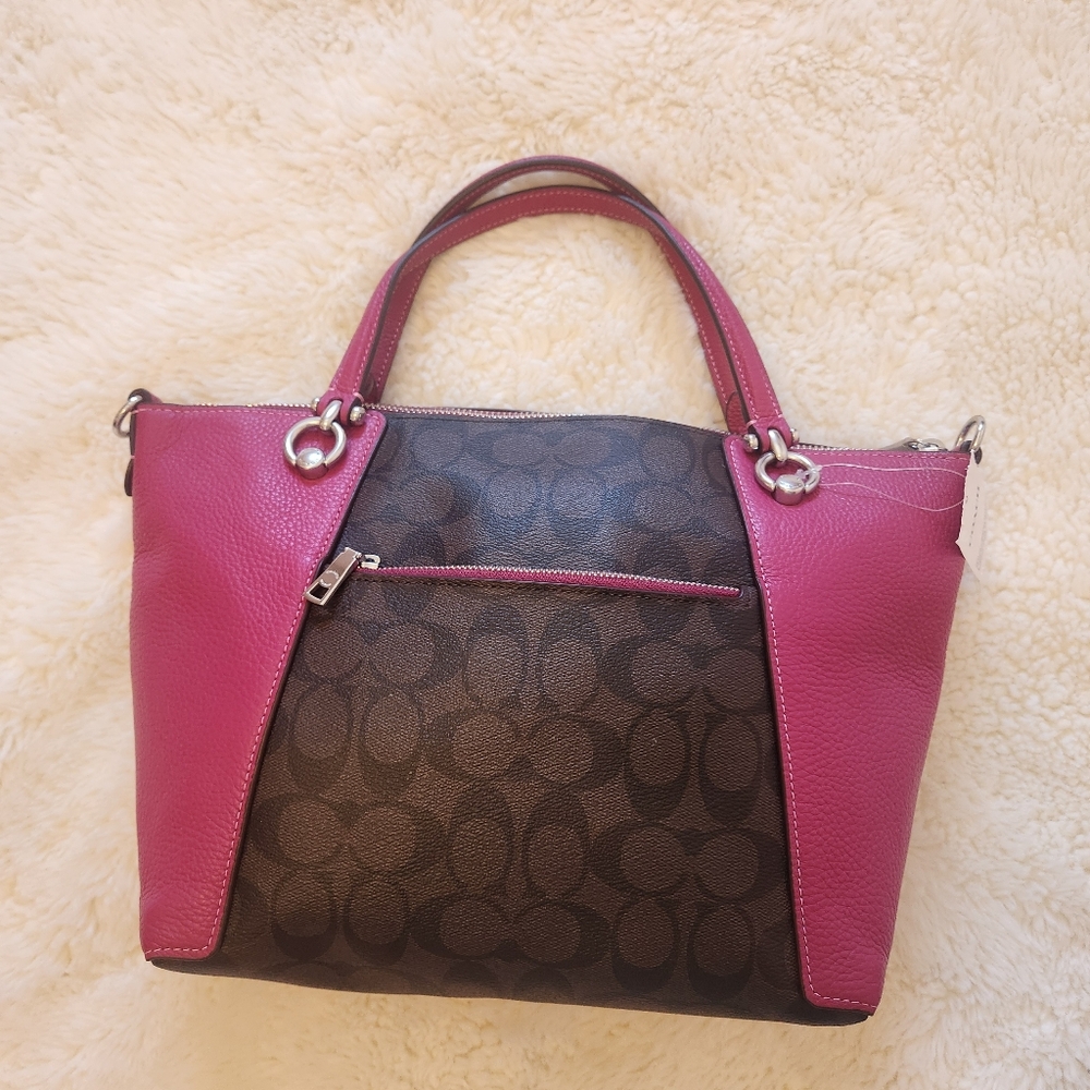 NWT Coach Kacey Satchel Signature Canvas Colorblock Brown Bright Violet - Picture 2 of 16